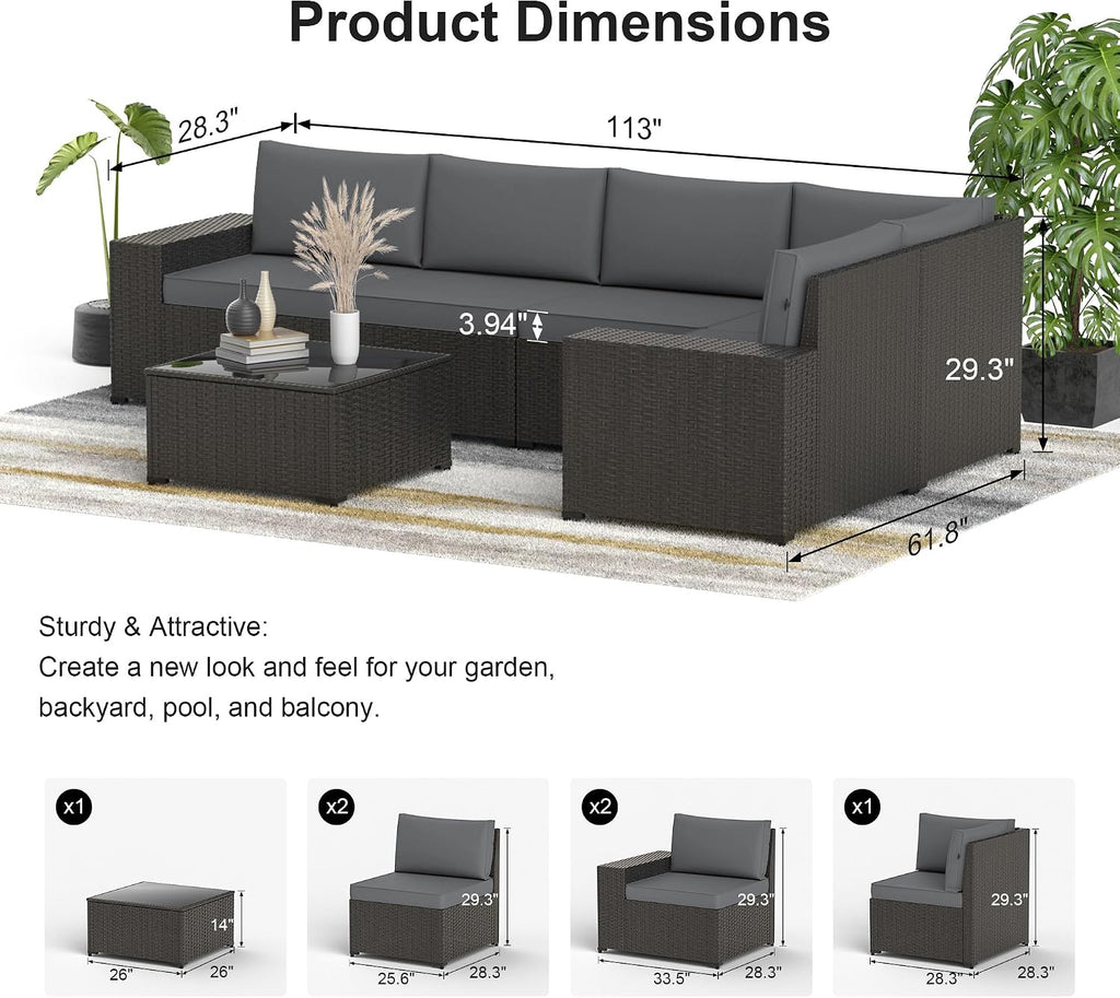 Patio Furniture Set with Fire Pit Table, 7PCS Outdoor Conversation Sets Waterproof Rattan Sectional Sofa with 4' Thickened Cushion Modular Wicker Patio Furniture Set with Glass Top Table (Grey)