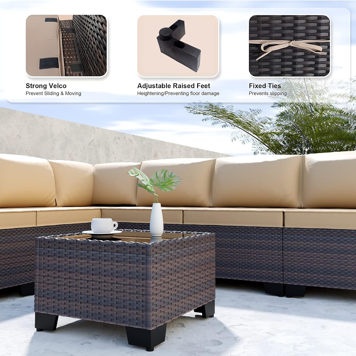 Kullavik 9 Pieces Outdoor Patio Furniture Set,Outdoor Sectional Rattan Sofa Set Brown PE Rattan Wicker Patio Conversation Set with Tempered Glass Coffee Table and Washable Cushions Covers,Sand