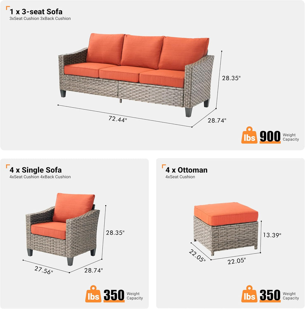 9 PCS Outdoor Patio Furniture Set, All-Weather Rattan Wicker Conversation Group with Deep Seating, High Back Comfort for Porch, Backyard, Orange