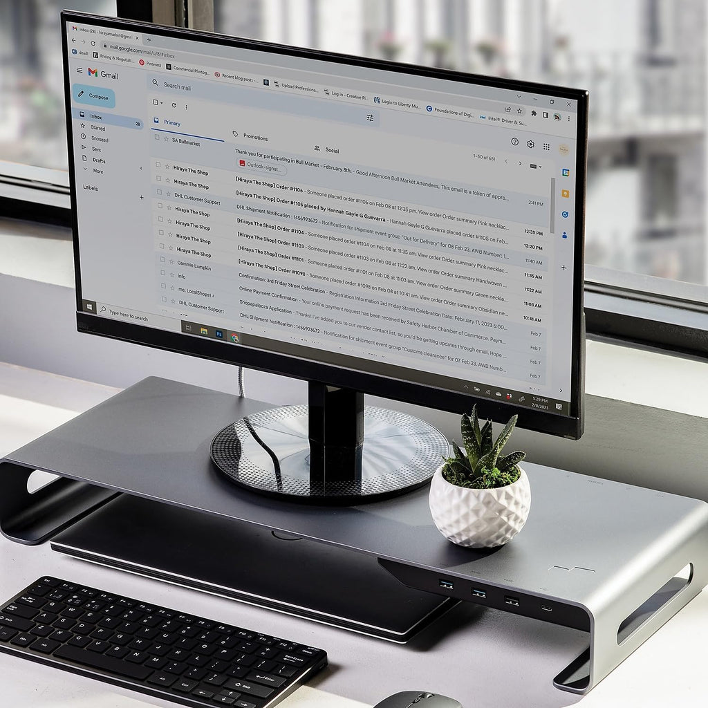 Mobile Pixels Aluminum Monitor Riser with Docking Hub, USB-C Port, PD Port, Ethernet, HDMI, 3 USB 3.0 for PC, TV, Tablet, Laptop, Space Grey