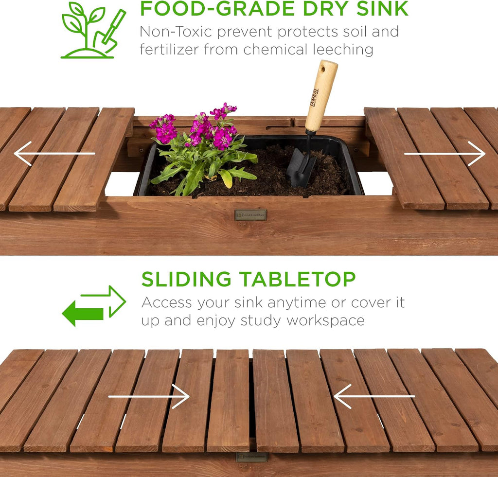 Best Choice Products Mobile Garden Potting Bench, Outdoor Wood Workstation Table w/Sliding Tabletop, 4 Locking Wheels, Food Grade Dry Sink, Storage Shelves - Brown