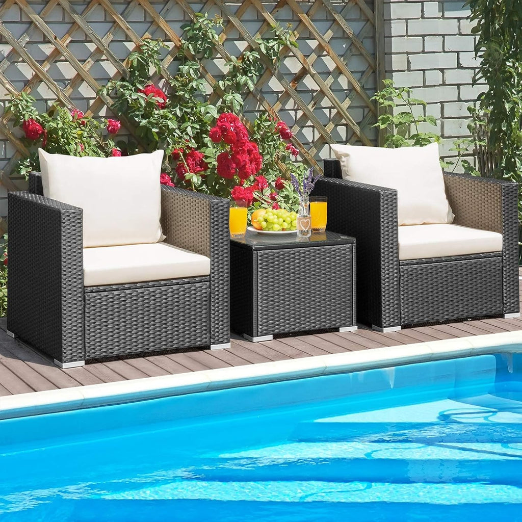 HAPPYGRILL 3 Pieces Rattan Patio Furniture Set, PE Wicker Patio Conversation Set with Coffee Table and Cushions, Outdoor Sofa Set for Garden Balcony Porch Poolside