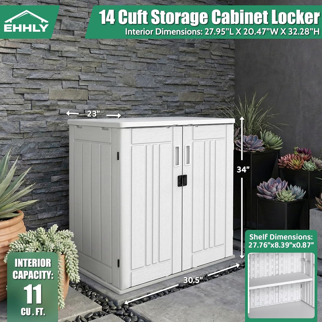 EHHLY Heavy Duty Small Storage Cabinet Outdoor Weatherproof, 14 Cuft Garage Storage Cabinet with 2 Adjustable Shelves, Lockable Kitchen Pantry Closer Organizer, 31Wx23Lx34H, Polar White
