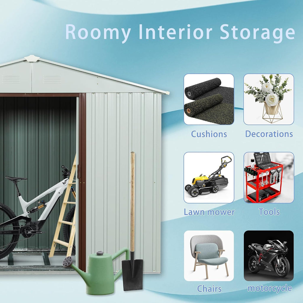 Favfurish 8 x 4 FT Outdoor Storage Shed with Side Window, Metal Garden Shed w/Sliding Doors & Lock, Floor Base and Air Vents, Utility Tool Storage House for Backyard Lawn, White