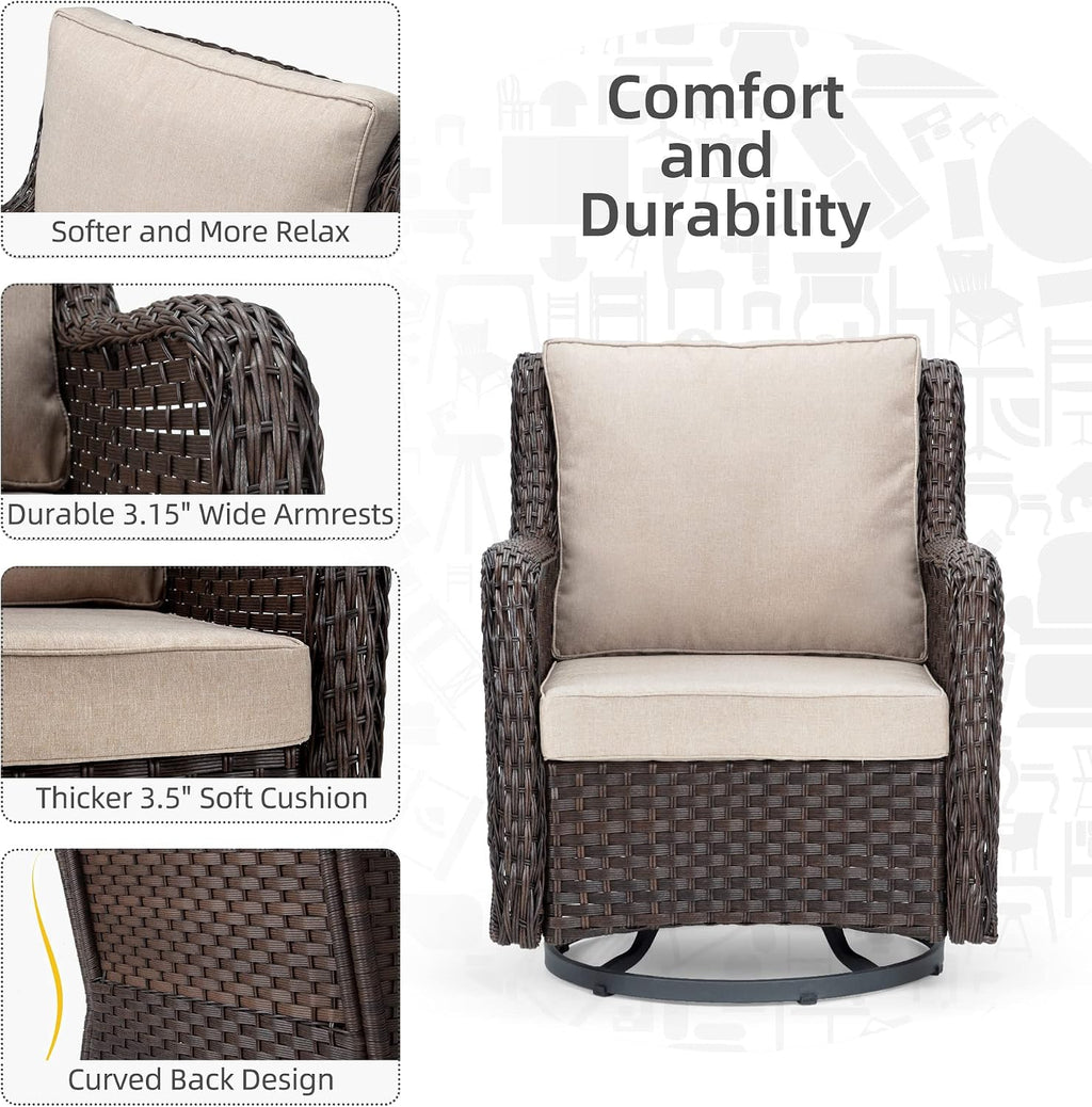 GarveeLife 3 Pieces Outdoor Swivel Chair Set, Upgraded Encrypted Rattan Wicker Swivel Rocker Patio Chairs, Thick Cushion and Side Table for Balcony, Porch, Backyard, Garden, Beige