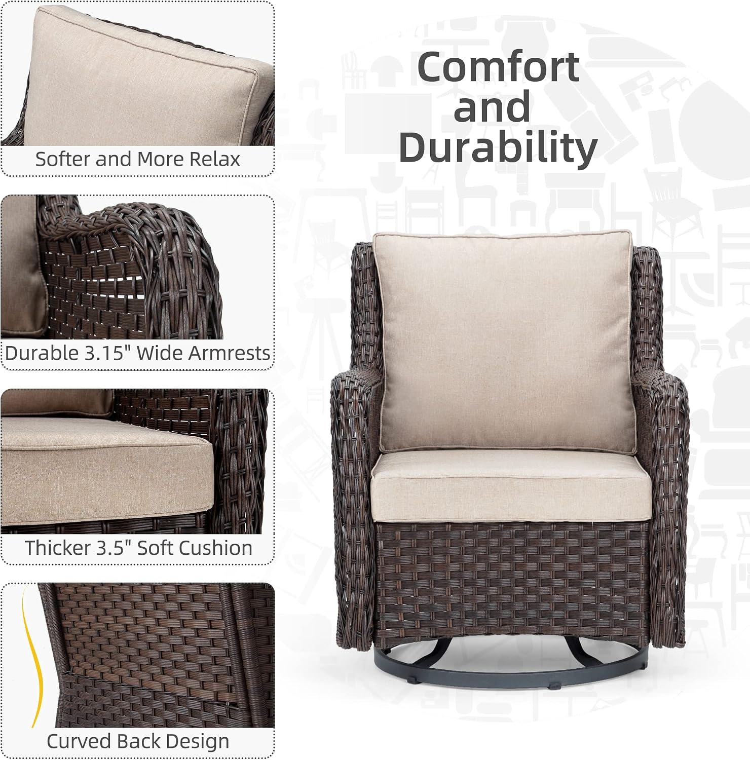 GarveeLife 3 Pieces Outdoor Swivel Chair Set, Upgraded Encrypted Rattan Wicker Swivel Rocker Patio Chairs, Thick Cushion and Side Table for Balcony, Porch, Backyard, Garden, Beige