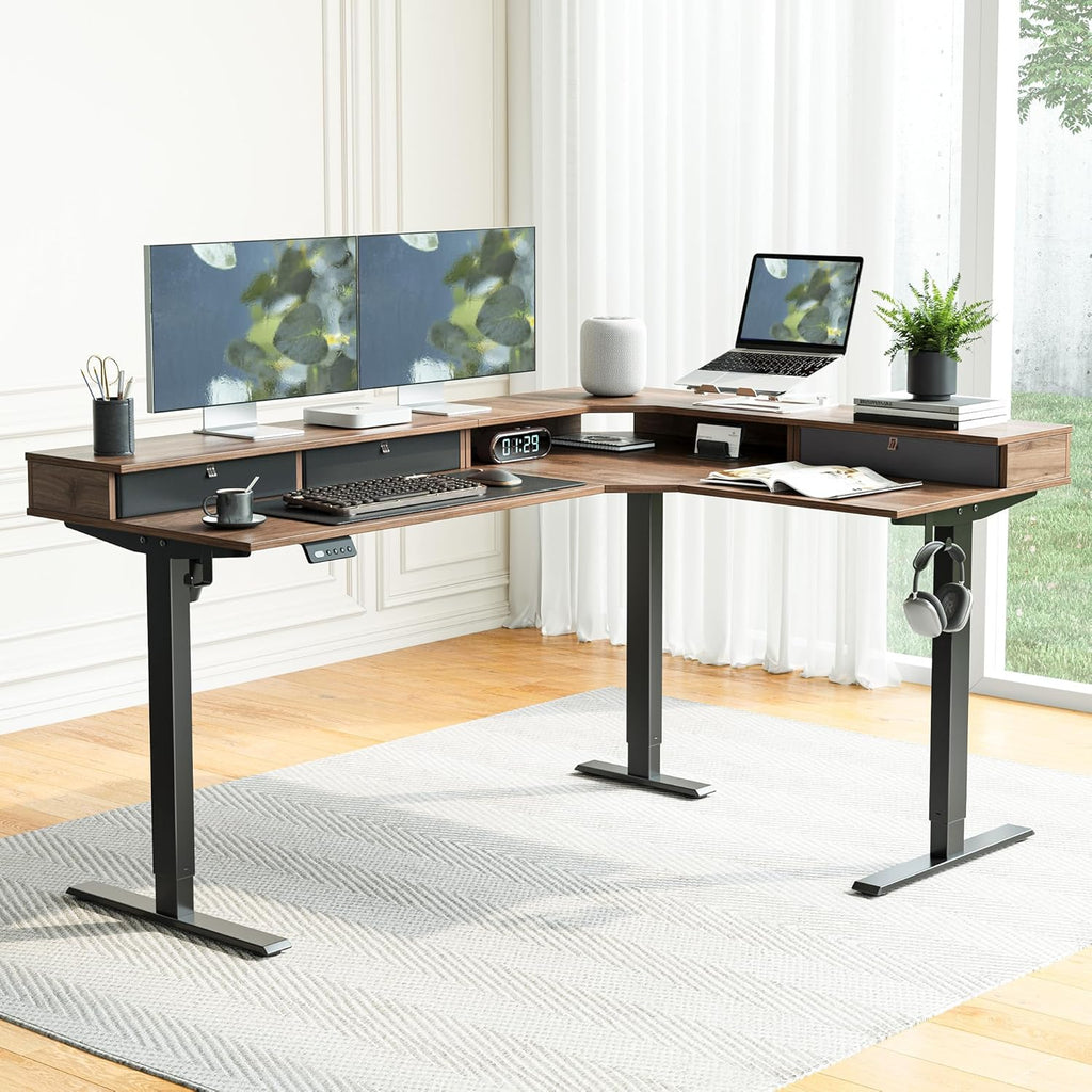 FEZIBO L Shaped Electric Standing Desk, 63x48 inch Large with Drawers | Reversible Tabletop, 2 Memory Height Settings | Home Office & Gaming Height-Adjustable Table, Black Walnut（2 Packages）