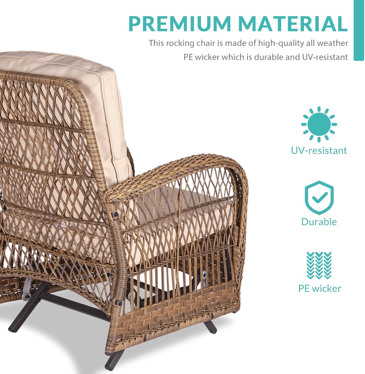MEETWARM Patio Wicker Rocking Glider Set, All-Weather Outdoor Rattan Patio Rocking Chairs of 2, Patio Conversation Set with Thickened Cushions for Porch Garden & Backyard, Brown