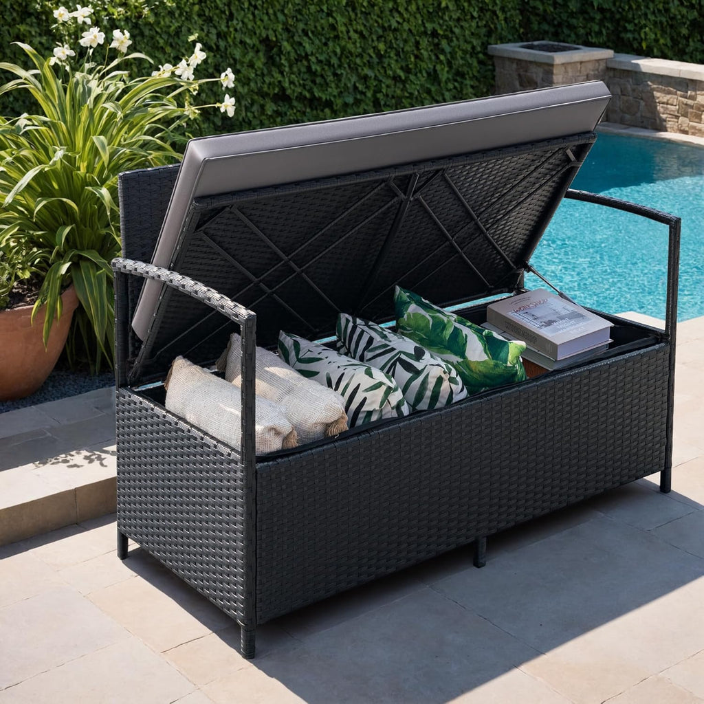 Greesum Patio Loveseat PE Rattan Wicker Outdoor Furniture with Soft Cushions & Built-in Storage Space for Lawn Garden Backyard, Black