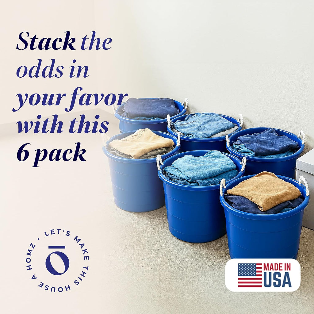 HOMZ 6-Pack Utility Tub, Large Plastic Storage Bucket with Rope Handles, 18 Gallon, Blue - Portable Indoor and Outdoor Buckets for Kitchen, Laundry, Garden, Bathroom, and Garage Organization