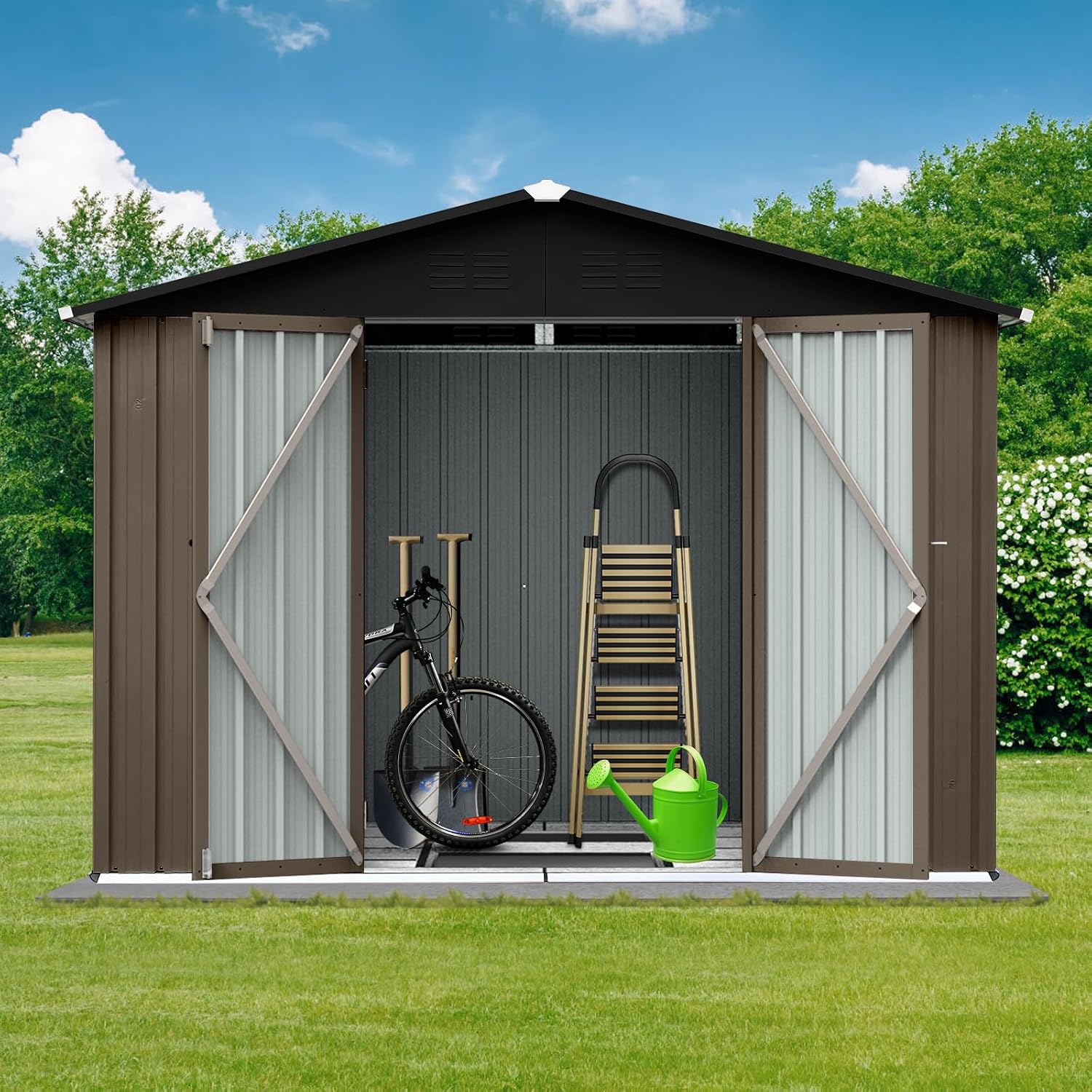 6x8 FT Outdoor Storage Shed,with Hinged Door and Padlock,Pitched Roof Metal Garden Tool Sheds,w/Punched Vents,for Storing Bicycles, Lawnmowers, Barbeques,Garden Tools,Brown + Black