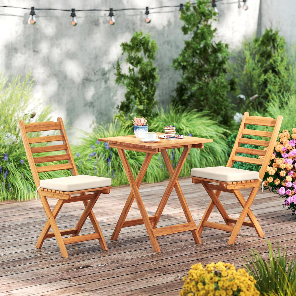 HAPPYGRILL 3-Piece Folding Bistro Set Acacia Wood Patio Furniture Set with Seat Cushions, Outdoor Square Table and Chairs Set of 2 for Backyard, Balcony, Porch, Garden (Back Style A)