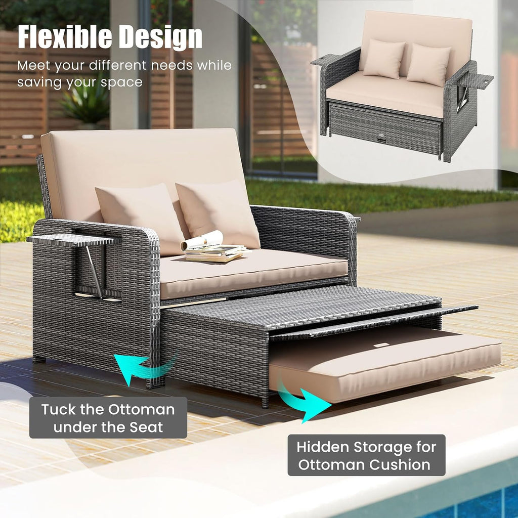 Tangkula Patio Rattan Daybed with 4-Level Adjustable Backrest, Outdoor PE Wicker Loveseat with Storage Ottoman & Folding Side Table, Double Sunbed for Balcony, Backyard & Poolside, Beige & Grey