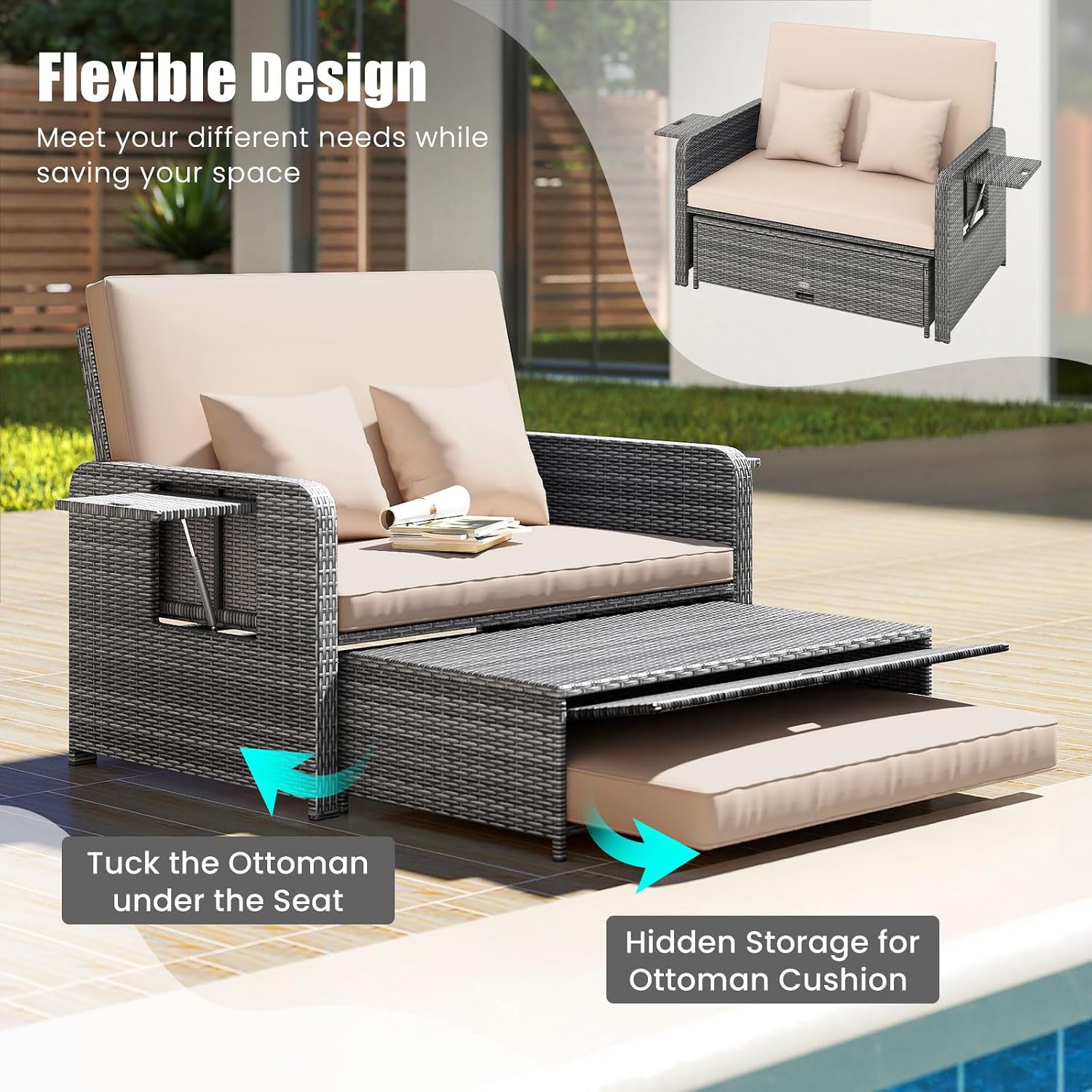 Tangkula Patio Rattan Daybed with 4-Level Adjustable Backrest, Outdoor PE Wicker Loveseat with Storage Ottoman & Folding Side Table, Double Sunbed for Balcony, Backyard & Poolside, Beige & Grey