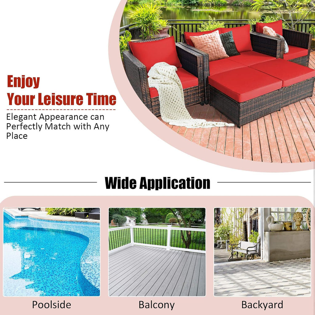 Tangkula 5 Pieces Rattan Patio Furniture Set, Outdoor Sectional Wicker Sofa Set with Loveseat, 2 Single Sofas, 2 Ottomans & Removable Cushions, Outside Daybed Sofa for Yard, Garden, Poolside (Red)