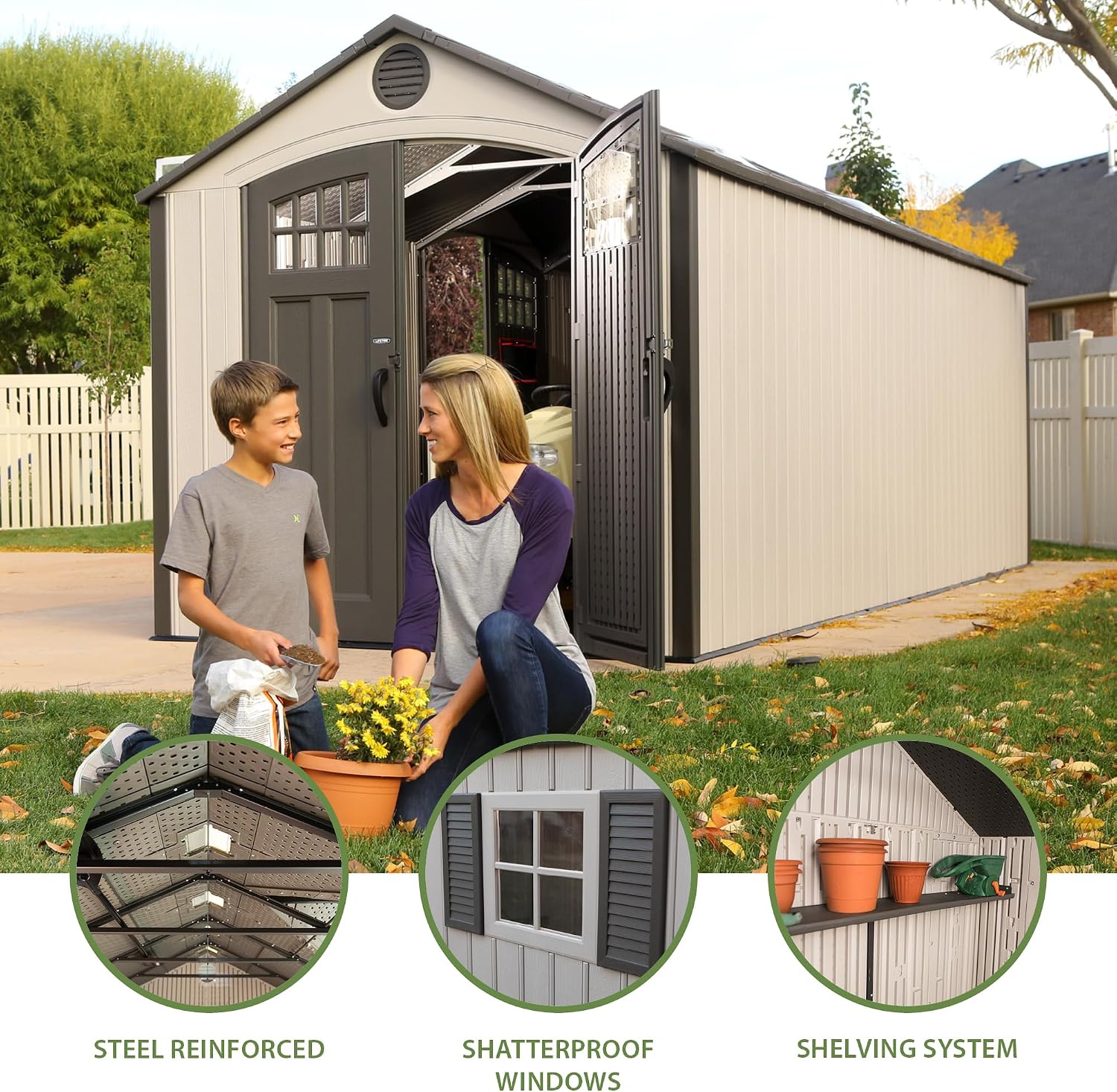 Lifetime 20 x 8 Ft. Outdoor Storage Shed with Steel Reinforced HDPE Walls, Lockable Doors, Windows, Skylights, Adjustable Shelving, Slip‑Resistant Floor, UV‑Protected Backyard Shed