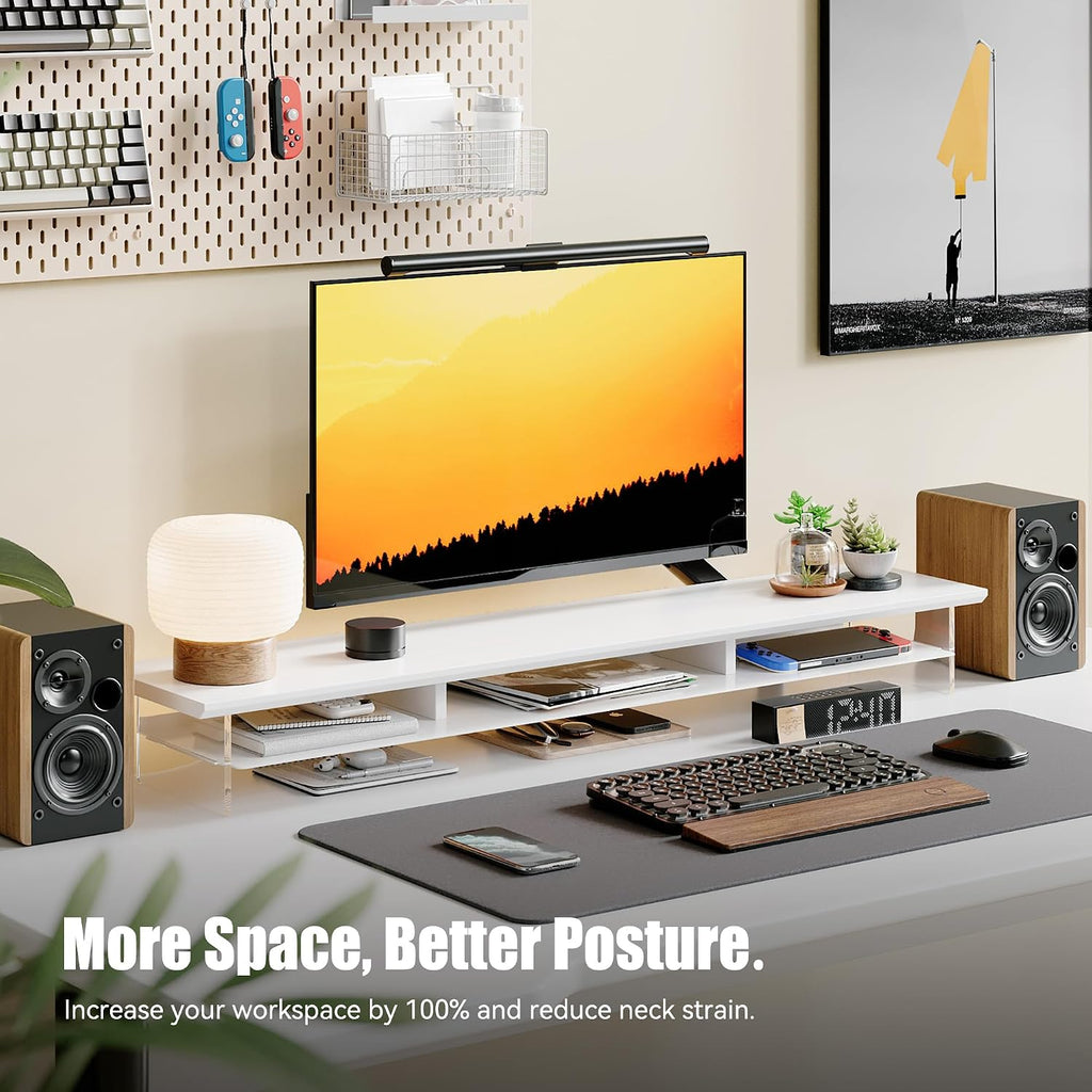 FENSULN Dual‑Tier Monitor Stand for Modern Desk Setup – Minimalist Wooden and Metal Riser Shelf with Transparent Acrylic Feet for Dual Monitors, Laptops, Home Office Aesthetic，White