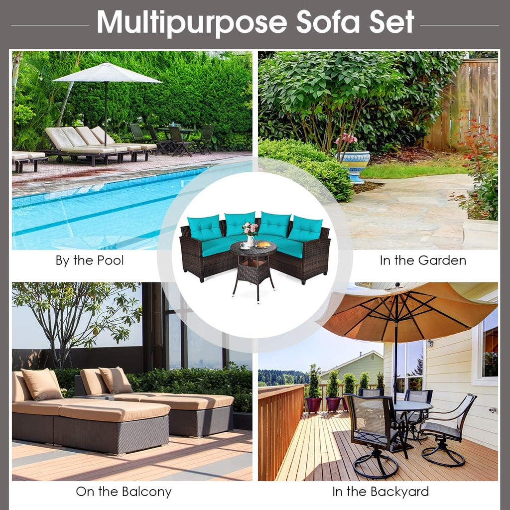 HAPPYGRILL 4 Pieces Patio Furniture Set Outdoor Rattan Wicker Conversation Set with Cushioned Sofas and Coffee Table, L-Shape Sectional Curved Sofa Set for Garden Poolside Balcony