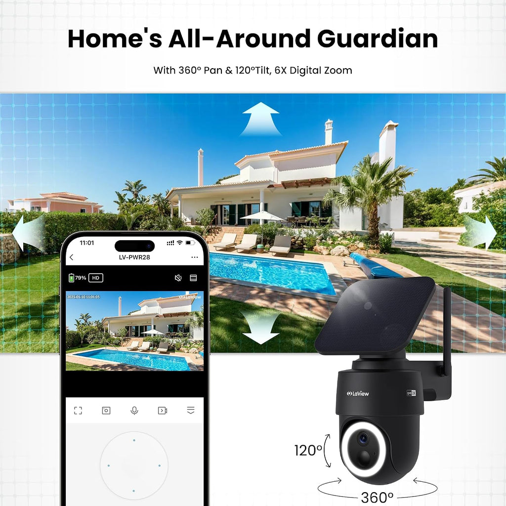 LaView 2K Solar Camera Outdoor Wireless, 100% Wire-Free WiFi Cameras for Home Security, 360° Rechargeable Battery Outdoor Camera, IP65, Color Night Vision, Two-Way Audio, Work with Alexa(2 Pack)