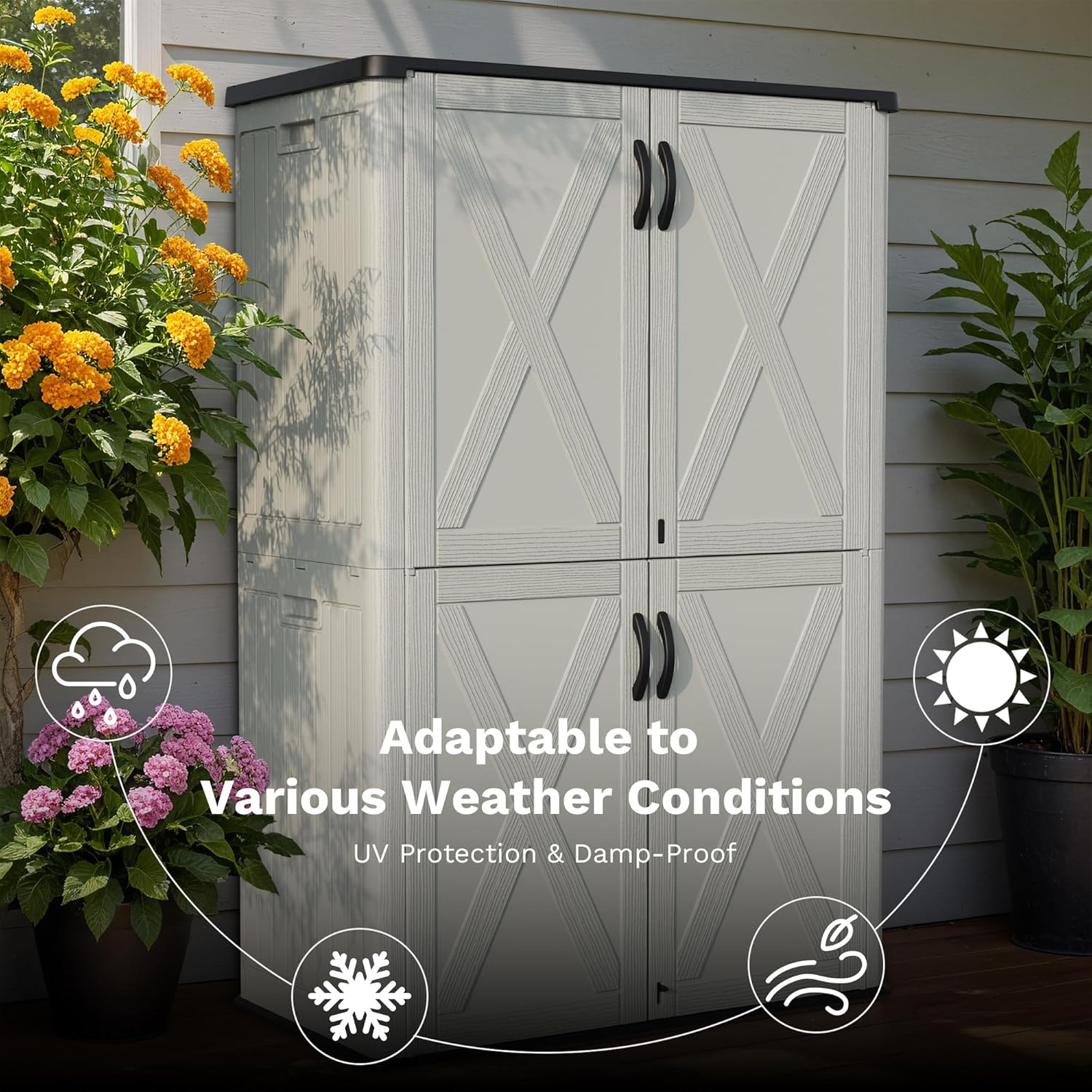 Greesum Outdoor Storage Cabinet, 50 CUFT Deck Box Without Shelves, Waterproof Plastic Storage Shed for Patio Cushions, Gardening Tools, Lockable and Sidehandles, UV Resistant, Beige