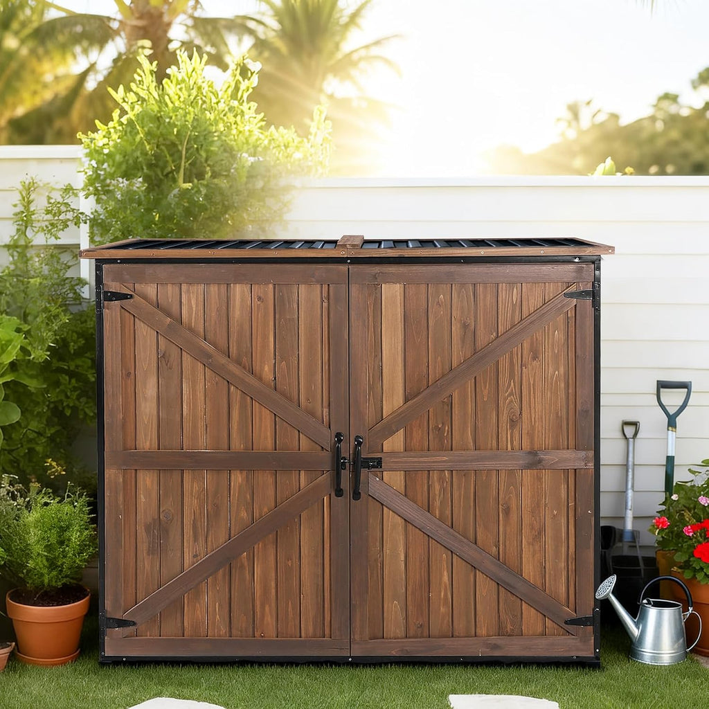Gutinneen Outdoor Storage Shed Cabinet with Strong Iron Frame Large Wooden Garden Shed Tool House with Adjustable Shelfs,Medium