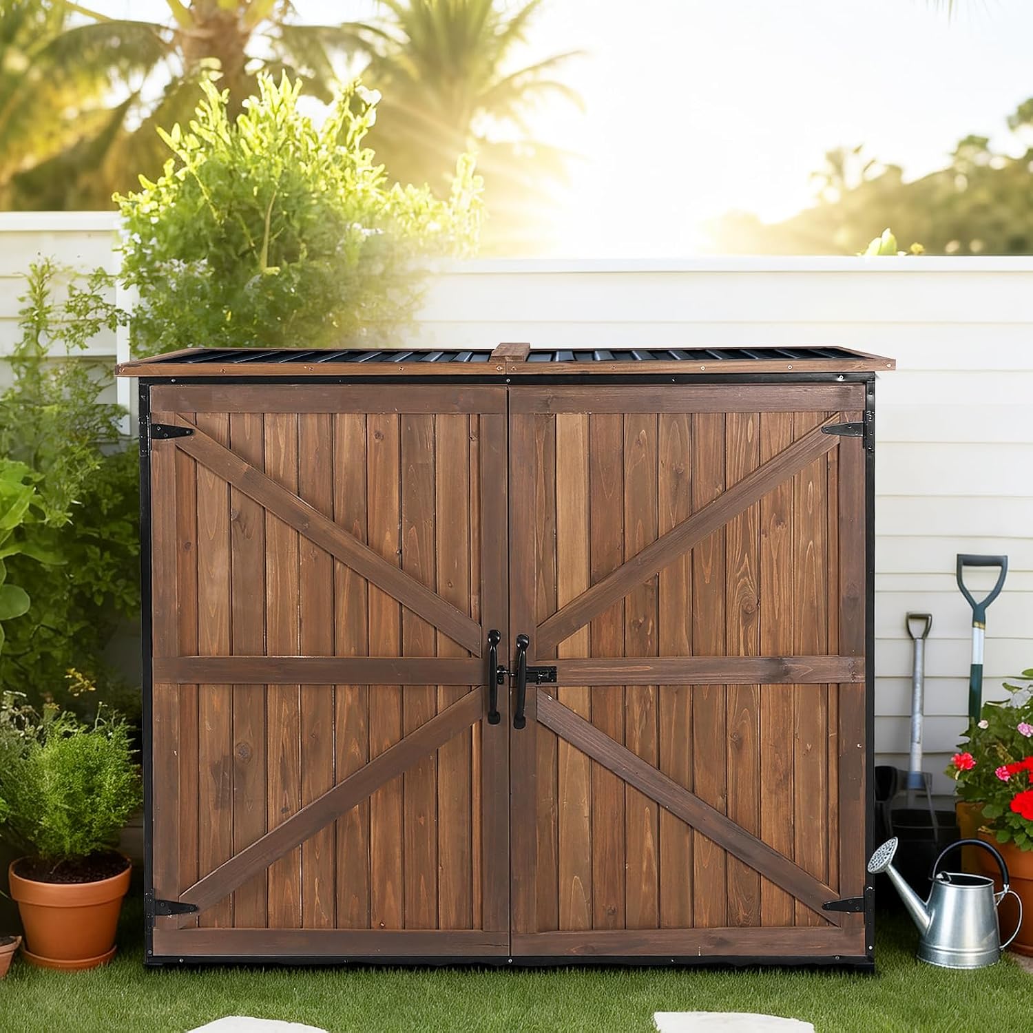 Gutinneen Outdoor Storage Shed Cabinet with Strong Iron Frame Large Wooden Garden Shed Tool House with Adjustable Shelfs,Medium