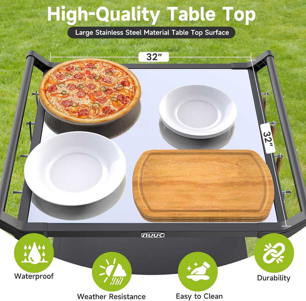NUUK Outdoor Grill Cart on Wheel 32' x 32', Stainless Steel Pizza Oven Table with Double-Shelf, Rolling Countertop Kitchen Food Prep Cart for Backyard, Garden, Restaurant