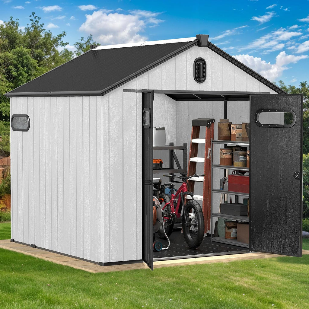 DWVO 8x8 FT Outdoor Storage Shed, Large Extra Thick Plastic Storage Shed with Oval Vision Windows & Lockable Door, 16mm Heavy Duty Outside Garden Shed with Floor & Vents for Patio Tool, Black&Gray