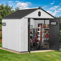 DWVO 8x8 FT Outdoor Storage Shed, Large Extra Thick Plastic Storage Shed with Oval Vision Windows & Lockable Door, 16mm Heavy Duty Outside Garden Shed with Floor & Vents for Patio Tool, Black&Gray
