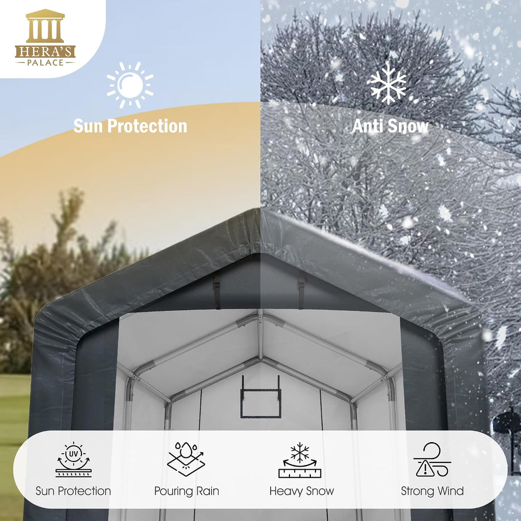 HERA'S PALACE 6x10ft Heavy Duty Motorcycle Storage Shed Small Carport Outdoor Anti-Snow Portable Canopy Shelter with 2 Doors Garage Tent for Garden Tools Bike