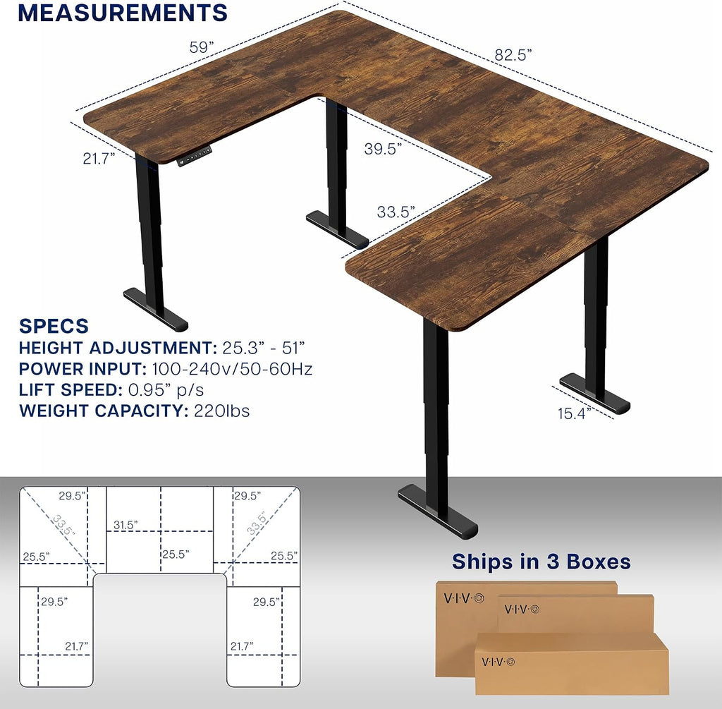 VIVO Large U-Shaped 83 x 60 in Electric Standing Desk, Memory Height Adjustment, Rustic Vintage Brown Top Black Frame, DESK-E4UBN