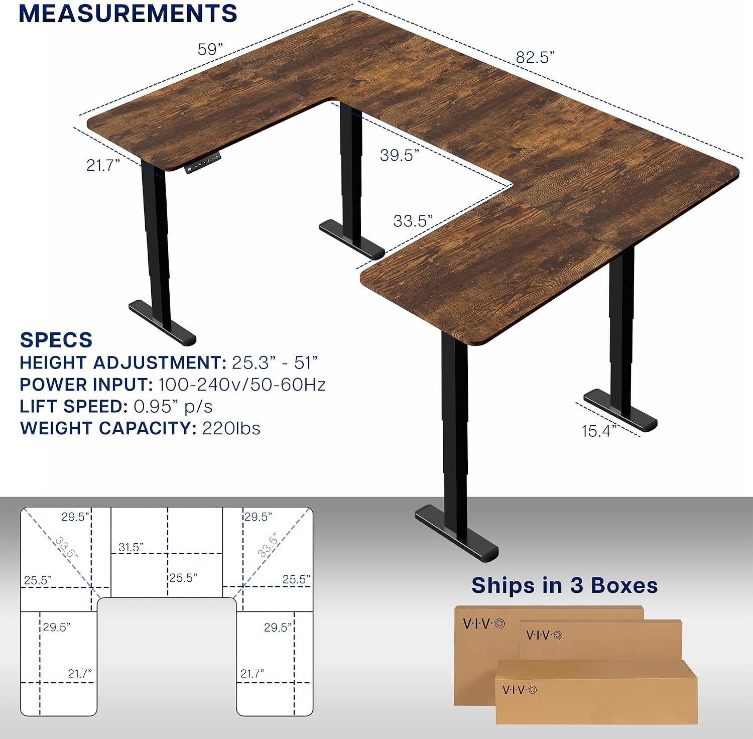 VIVO Large U-Shaped 83 x 60 in Electric Standing Desk, Memory Height Adjustment, Rustic Vintage Brown Top Black Frame, DESK-E4UBN