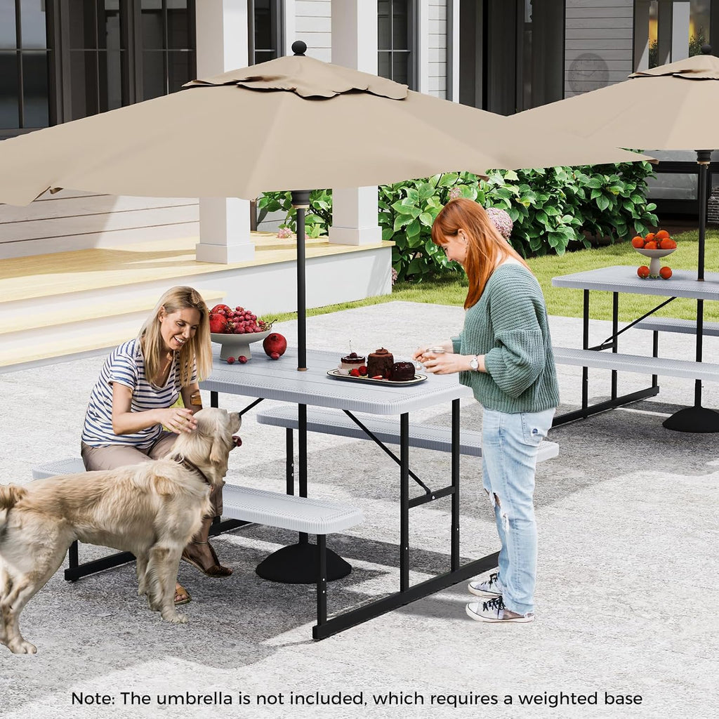 Giantex Picnic Table Bench Set for 4 People, 4.5FT Outdoor Rectangular Dining Table & 2 Benches w/Umbrella Hole, HDPE Tabletop, Metal Frame, Patio Garden Backyard Poolside (4.5FT,Non-Foldable,White)