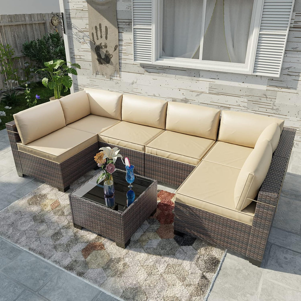 Kullavik 7 Pieces Outdoor Patio Furniture Set,Sectional Rattan Sofa Set Brown PE Rattan Wicker Patio Conversation Set with Tempered Glass Coffee Table and Washable Cushions Covers,Sand