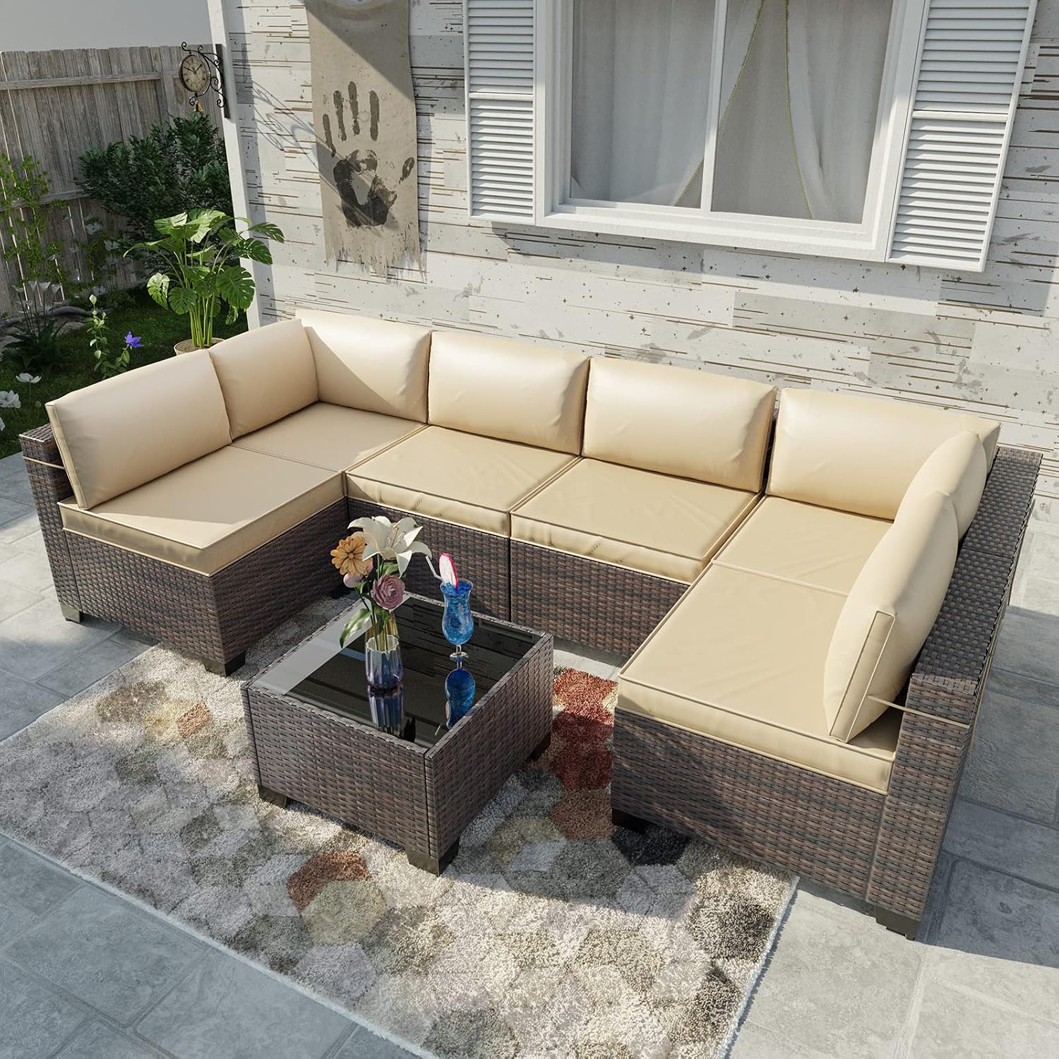 Kullavik 7 Pieces Outdoor Patio Furniture Set,Sectional Rattan Sofa Set Brown PE Rattan Wicker Patio Conversation Set with Tempered Glass Coffee Table and Washable Cushions Covers,Sand