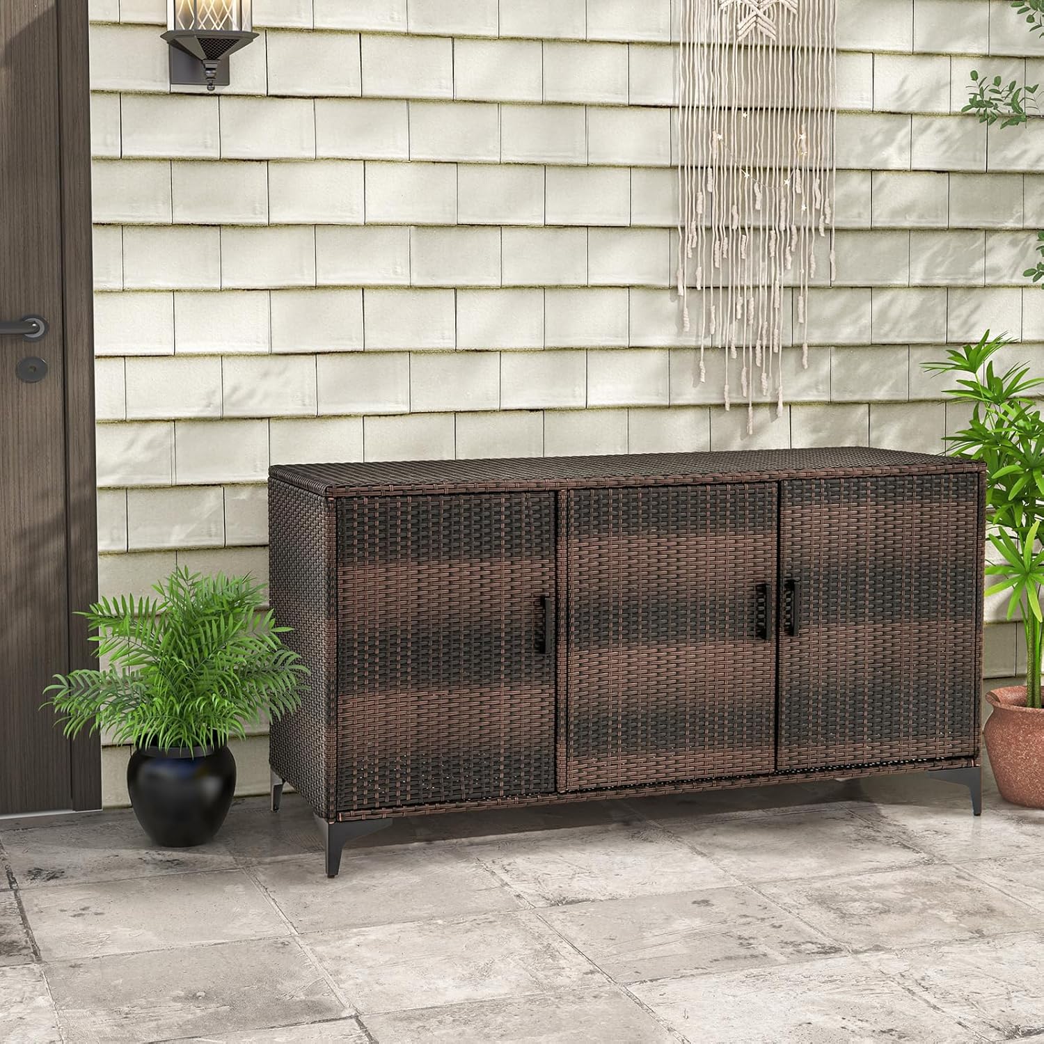 RELAX4LIFE 84-Gallon Outdoor Storage Box - Wicker Rattan 3-Door Patio Storage Cabinet Container w/Removable Shelves for Cushions, Garden Tools, Pool & Sports Equipment, Indoor Outdoor Deck Box (Brown)