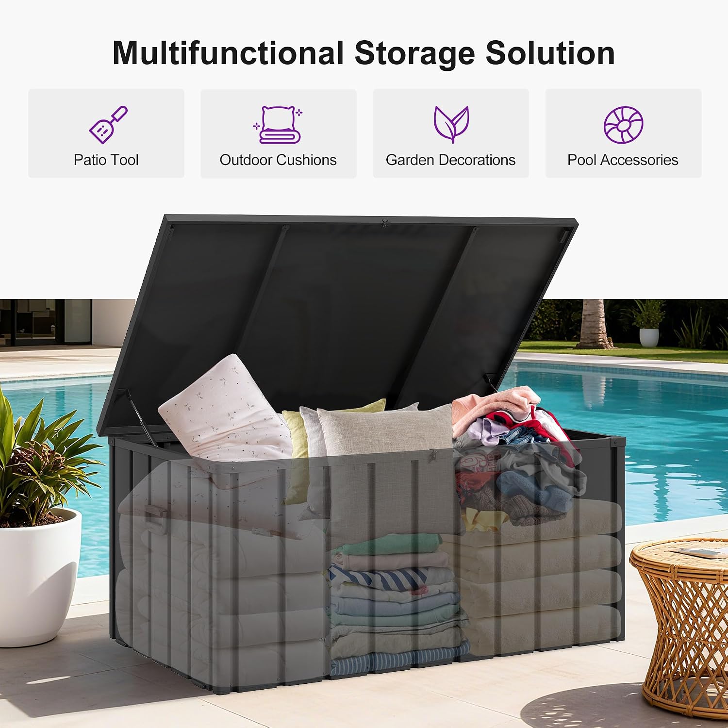 PURPLE LEAF Outdoor Deck Box 100 Gallon Waterproof Lockable Storage Box Container with Lid Deck Organization for Patio Cushions Side Table Pool Accessories Garden Tools, Gray