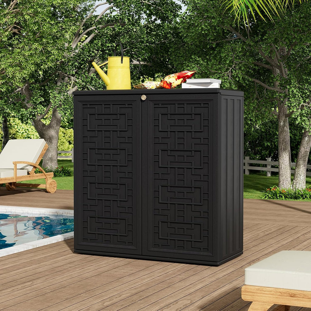 ZZM HDPE Outdoor Storage Shed, Outdoor Plastic Storage Cabinet, Horizontal Resin Tool Shed for Garden, All Weather Outdoor Storage Clearance, DIY Usage, with one Shelf (Black)
