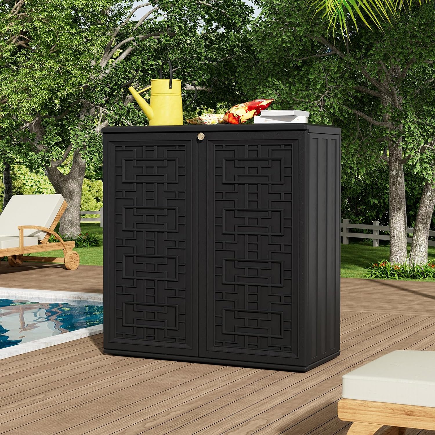 ZZM HDPE Outdoor Storage Shed, Outdoor Plastic Storage Cabinet, Horizontal Resin Tool Shed for Garden, All Weather Outdoor Storage Clearance, DIY Usage, with one Shelf (Black)