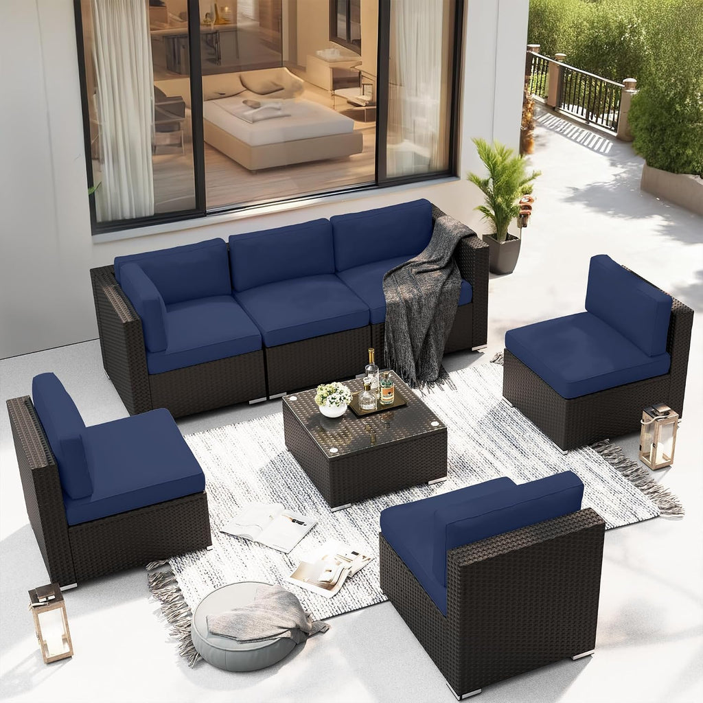 SUNCROWN 7-Piece Outdoor Patio Furniture Sofa Set All-Weather Black Wicker Sectional Cushioned Washable Seat Conversation Set with Modern Glass Coffee Table and Cushions, Backyard, Garden, Dark Blue