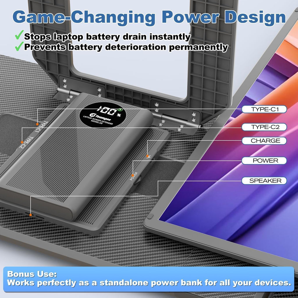 Teamgee 15.6' Laptop Screen Extender with Power Bank, FHD 1080P Triple Monitor, Driver-Free Plug & Play for 13-17' Laptops (HDMI/USB), Home Office/Small Business, Windows/Mac/Android