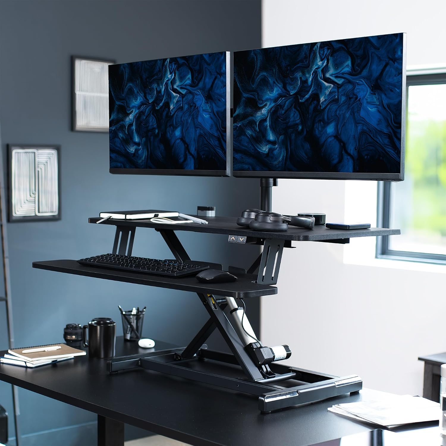 VIVO Electric Height Adjustable 36 inch Standing Desk Converter with Dual Monitor Stand for 13 to 30 inch Screens, Sit Stand Monitor Mount and Desk Riser, Black, DESK-KIT-VE36B2