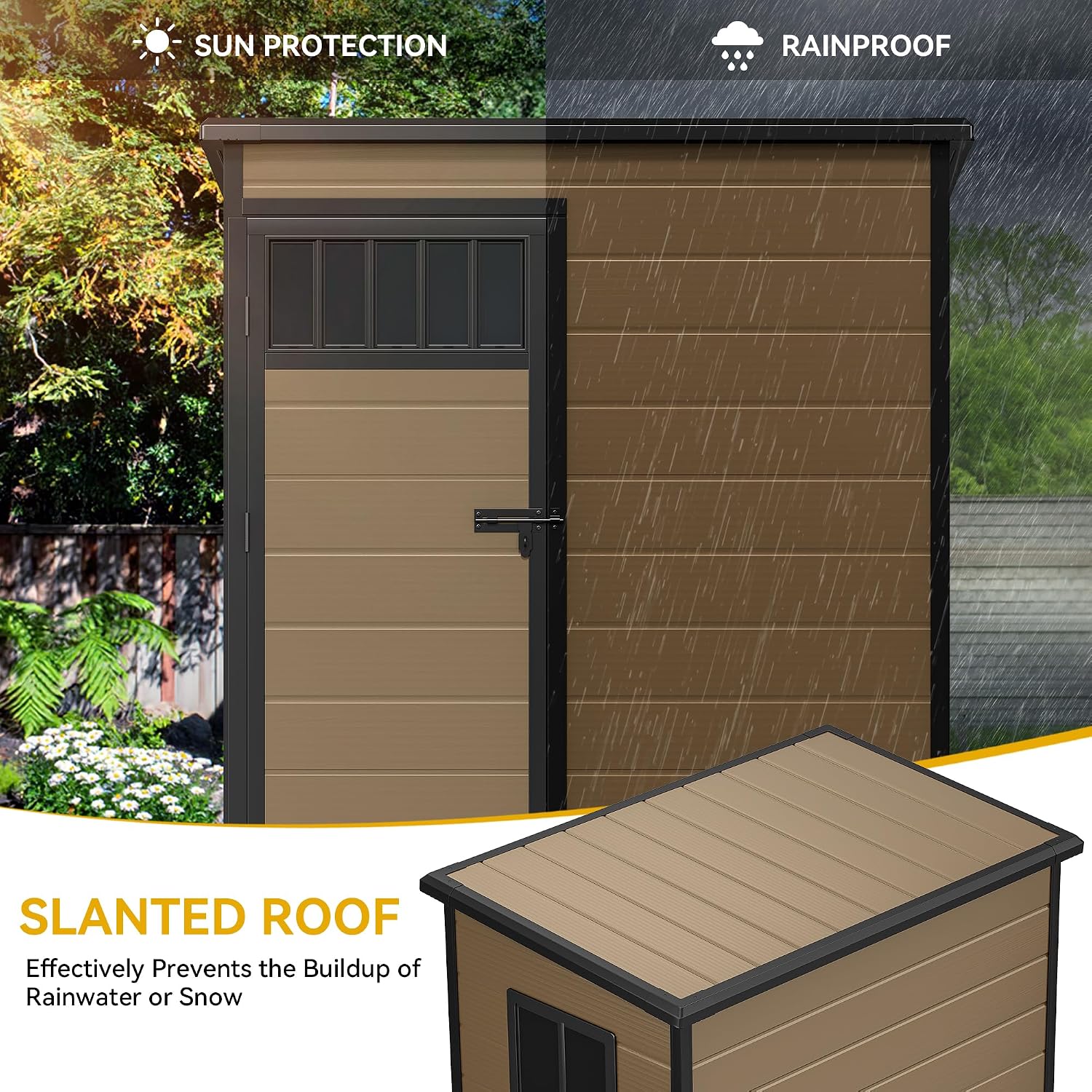 DWVO 5x3FT Outdoor Storage Shed with Fence-Style and Side Windows, Floor, Lockable Doors, Plastic Storage for Backyard and Garden, Brown