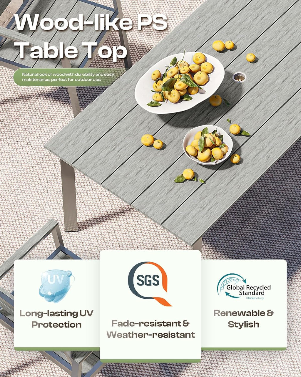 67' Rectangle HDPS Patio Dining Table, Aluminum Outdoor Patio Dining Table with Umbrella Hole, Weather-Resistant for Lawn, Garden, Yard, Poolside and Indoor Use (Gray & Teak)