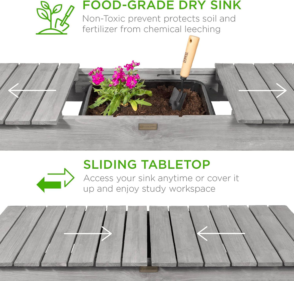 Best Choice Products Mobile Garden Potting Bench, Outdoor Wood Workstation Table w/Sliding Tabletop, 4 Locking Wheels, Food Grade Dry Sink, Storage Shelves - Gray
