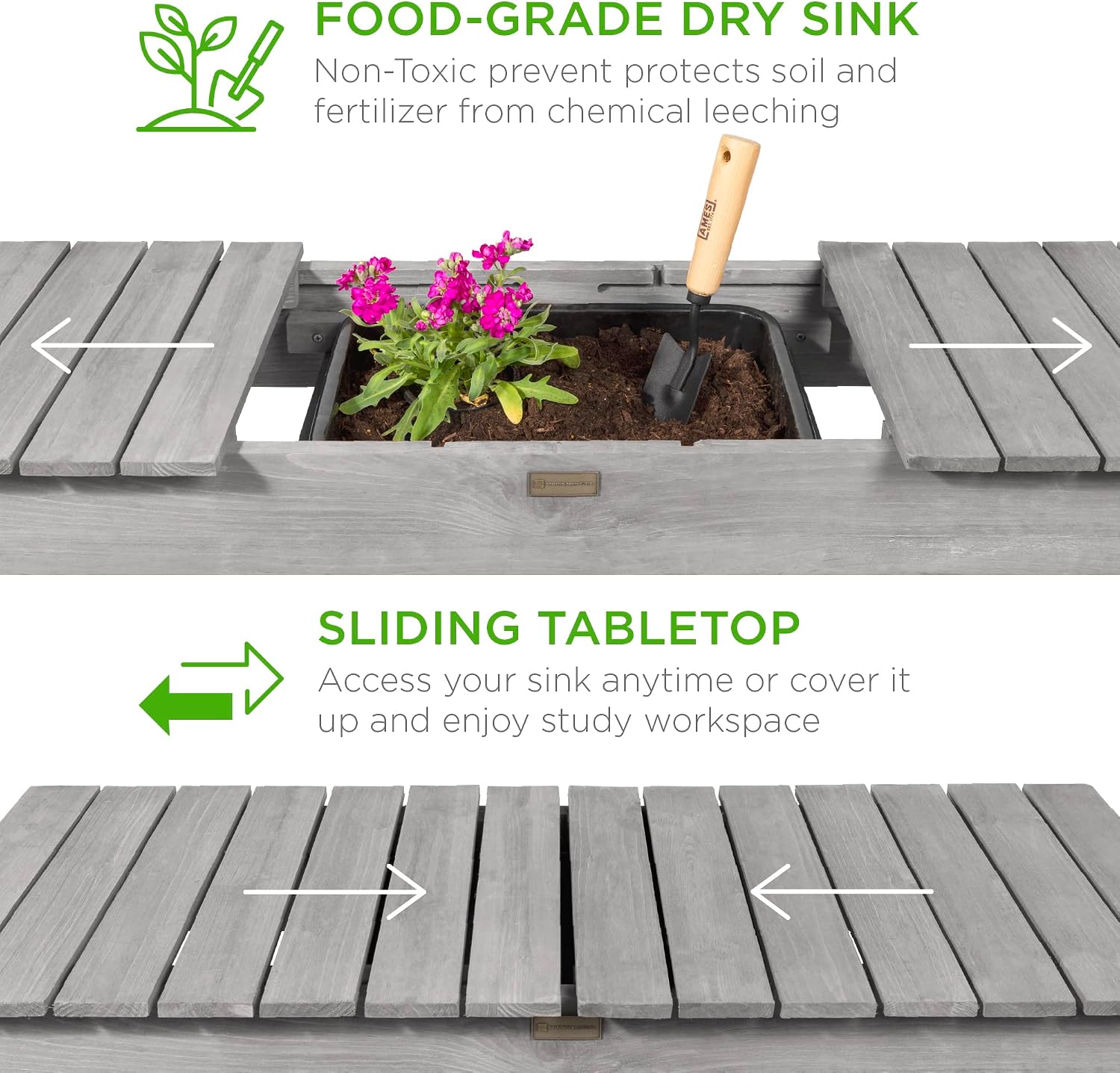 Best Choice Products Mobile Garden Potting Bench, Outdoor Wood Workstation Table w/Sliding Tabletop, 4 Locking Wheels, Food Grade Dry Sink, Storage Shelves - Gray