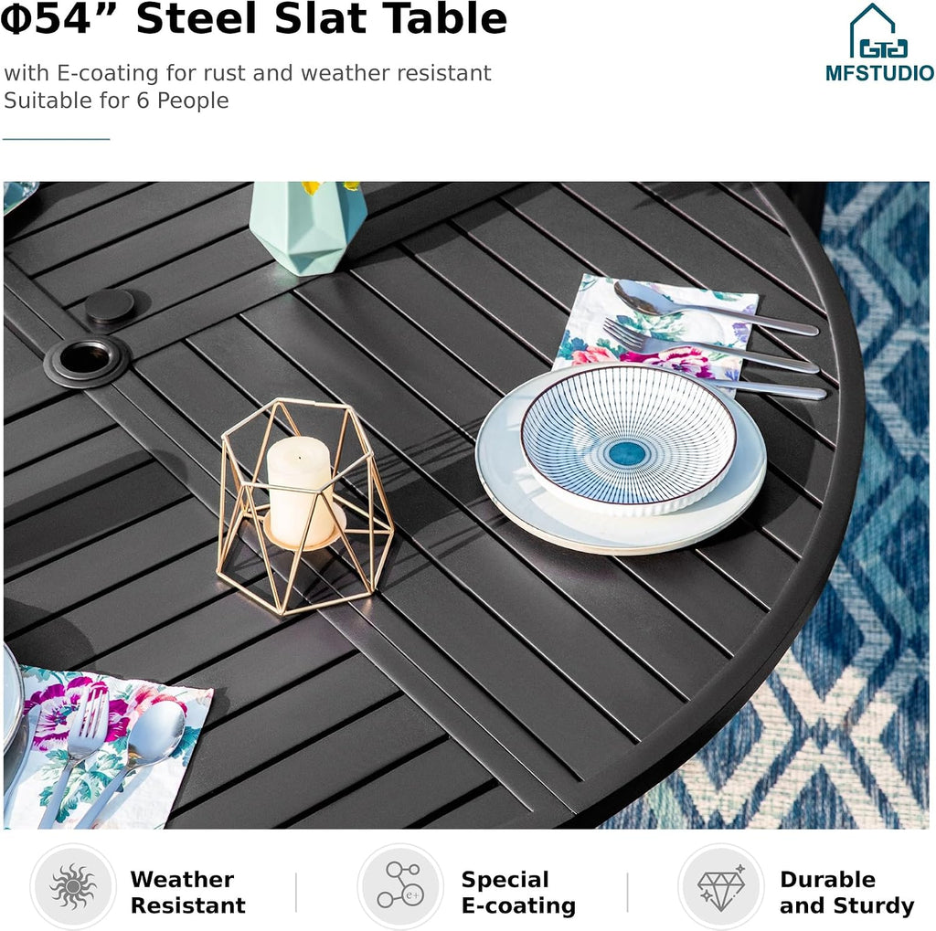 MFSTUDIO Patio Dining Set for 6, Round Patio Table and Chairs Set of 6 with Umbrella Hole, Outdoor Patio Furniture Set for Deck, Backyard, Poolside & Garden