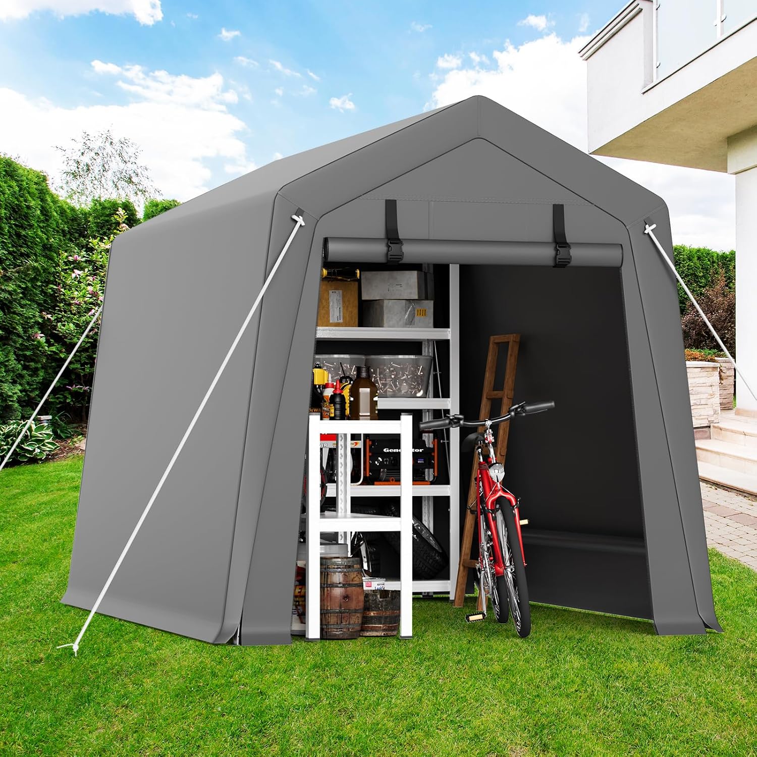 Garvee 6 ft x8 ft Outdoor Portable Storage Shed, Waterproof & UV-Resistant Garage Shelter with 2 Roll-Up Zipper Doors, Anti-Snow Carport Tent for Motorcycle, Bike, and Outdoor Equipment, Gray