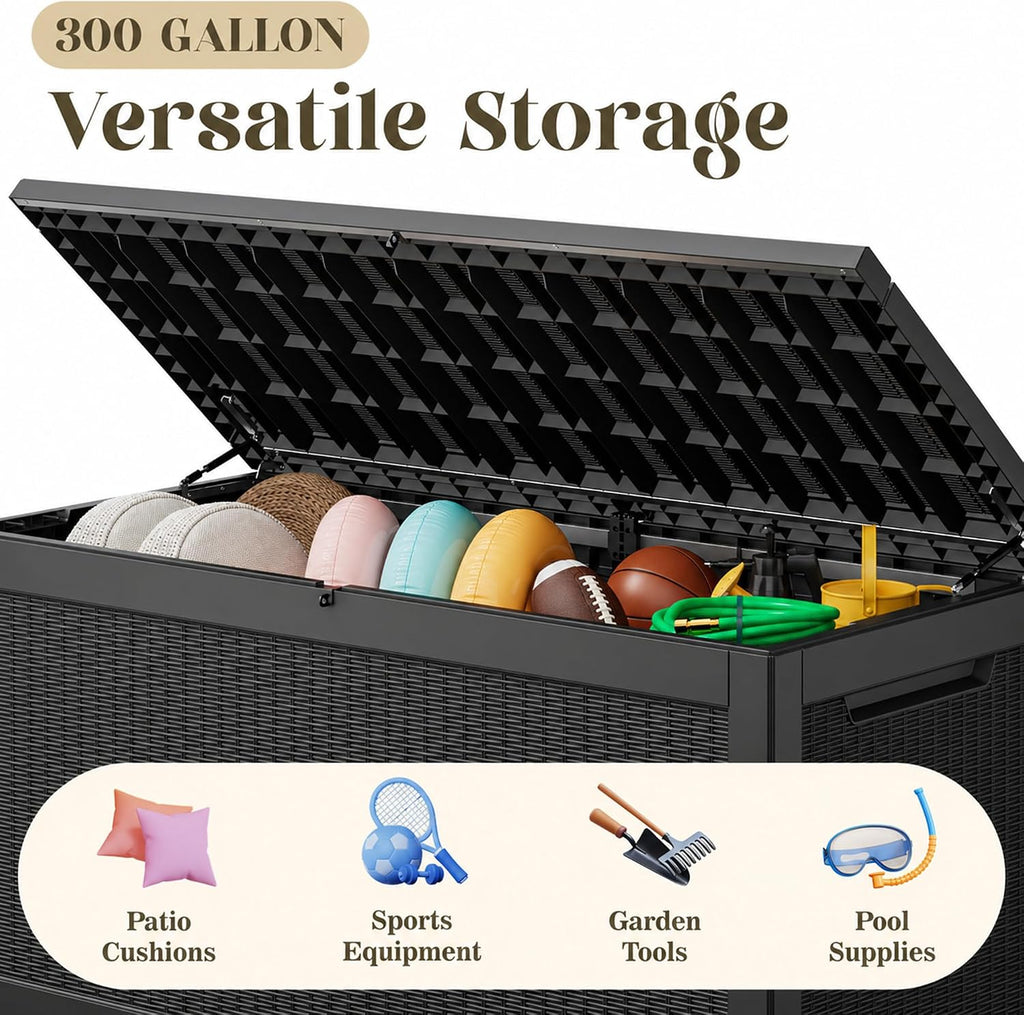 KAMABOKO 300 Gallon Outdoor Storage Box, Resin Deck Boxes Indoor and outdoor, Waterproof Storage Box Lockable Lid for Garden Tools, Package Delivery, Patio Cushions, Black