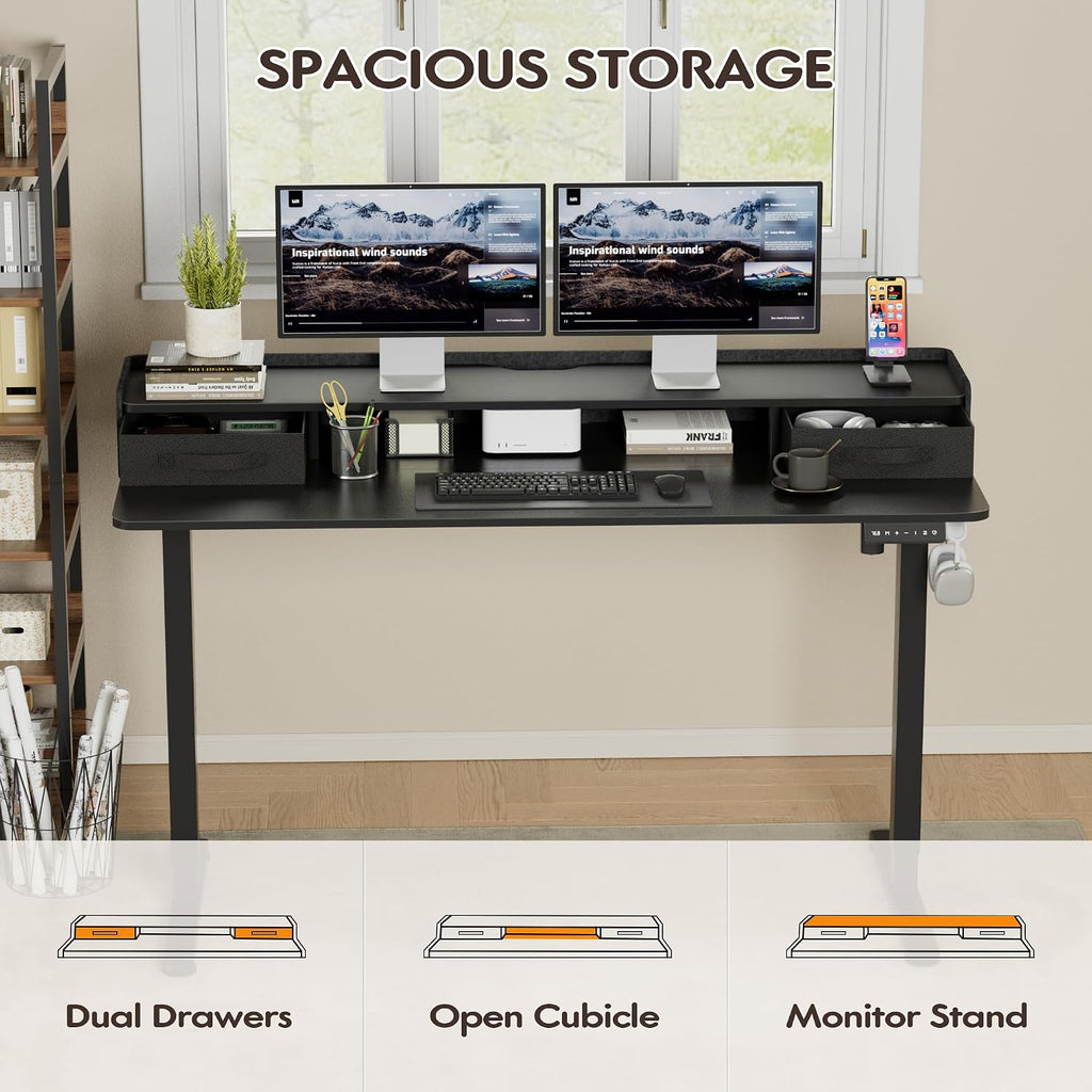 Furmax Electric Standing Desk with Drawers, Stand Up Desk with Storage Shelf Height Adjustable Computer Desk with Organizer for Home Office Ergonomic (Black, 55 Inch)